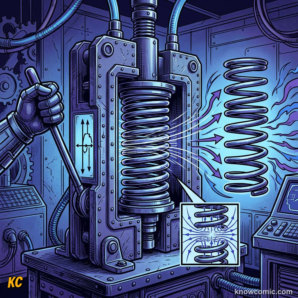 Comic illustration measuring spring extension in metres