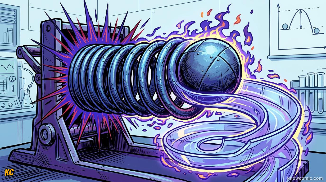 Comic illustration of elastic potential energy stored in a stretched spring