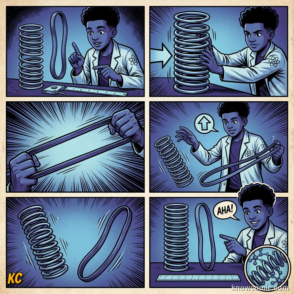 Comic illustration of student measuring spring extension in a physics lab