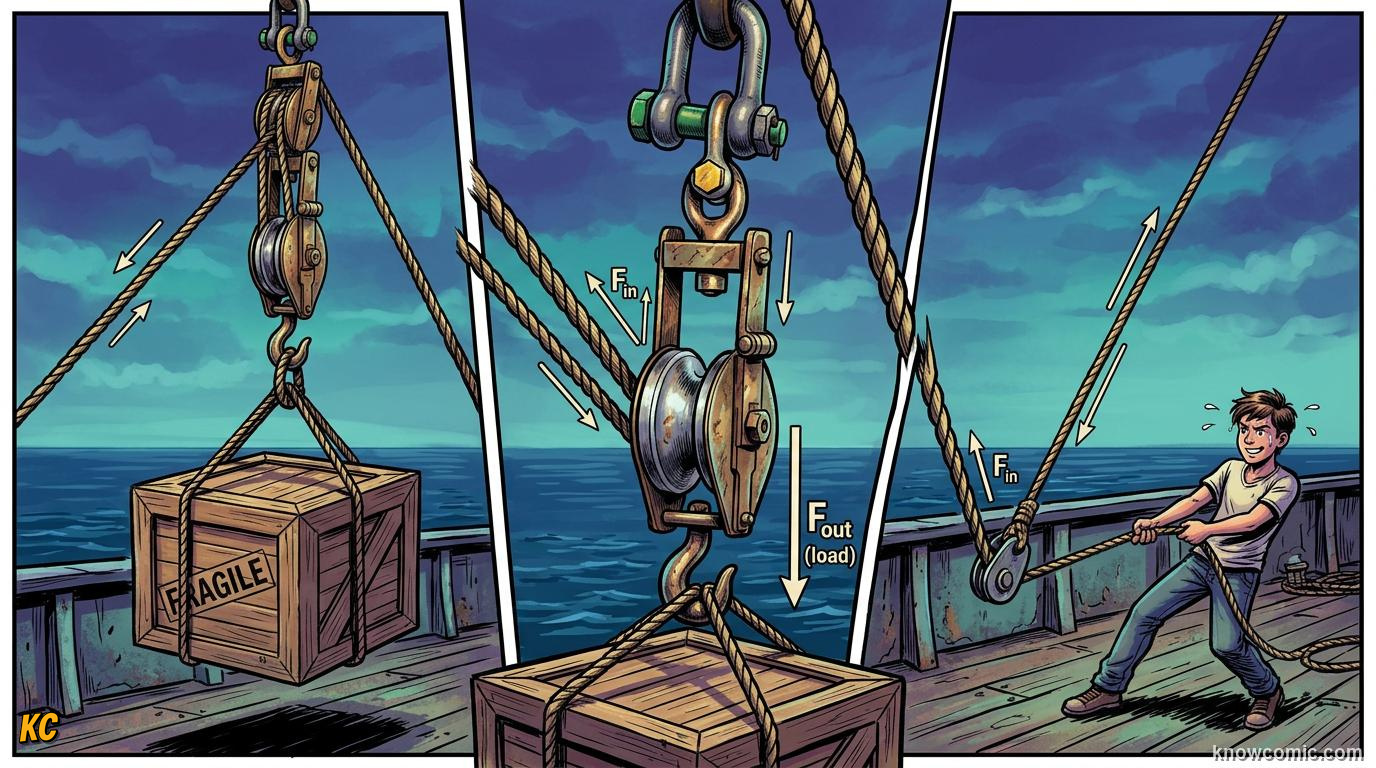 Comic illustration of a person using a lever to lift a heavy stone