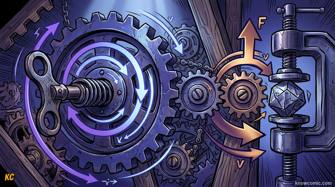 Comic illustration of pulley systems and levers lifting heavy loads