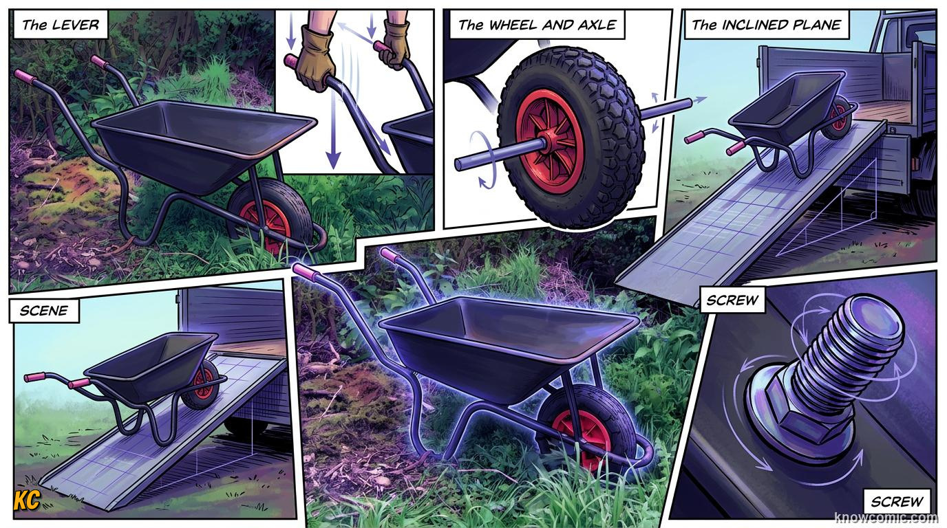 Comic illustration of ramp and inclined plane reducing force needed to raise load