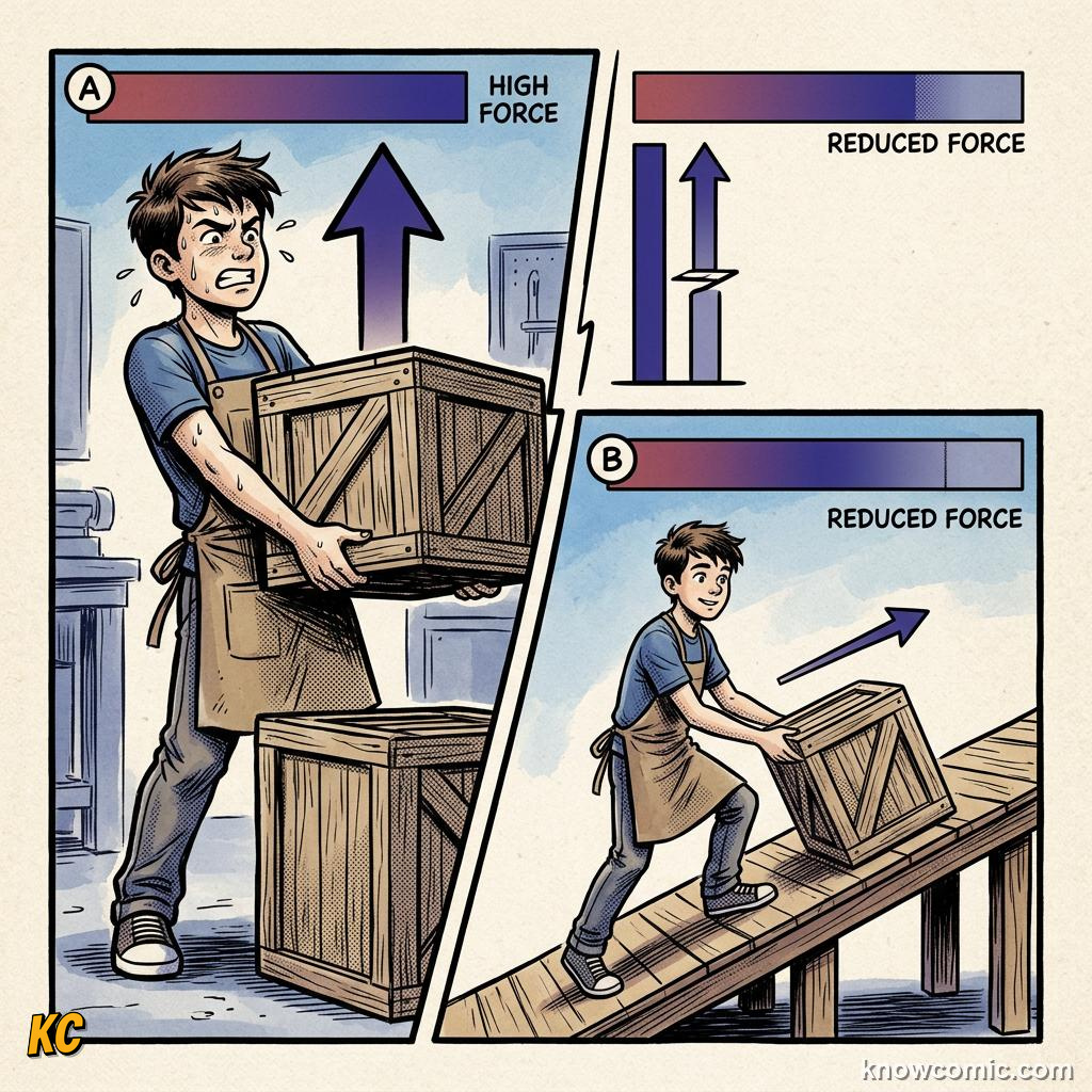 Comic illustration of screw as inclined plane wrapped around a cylinder