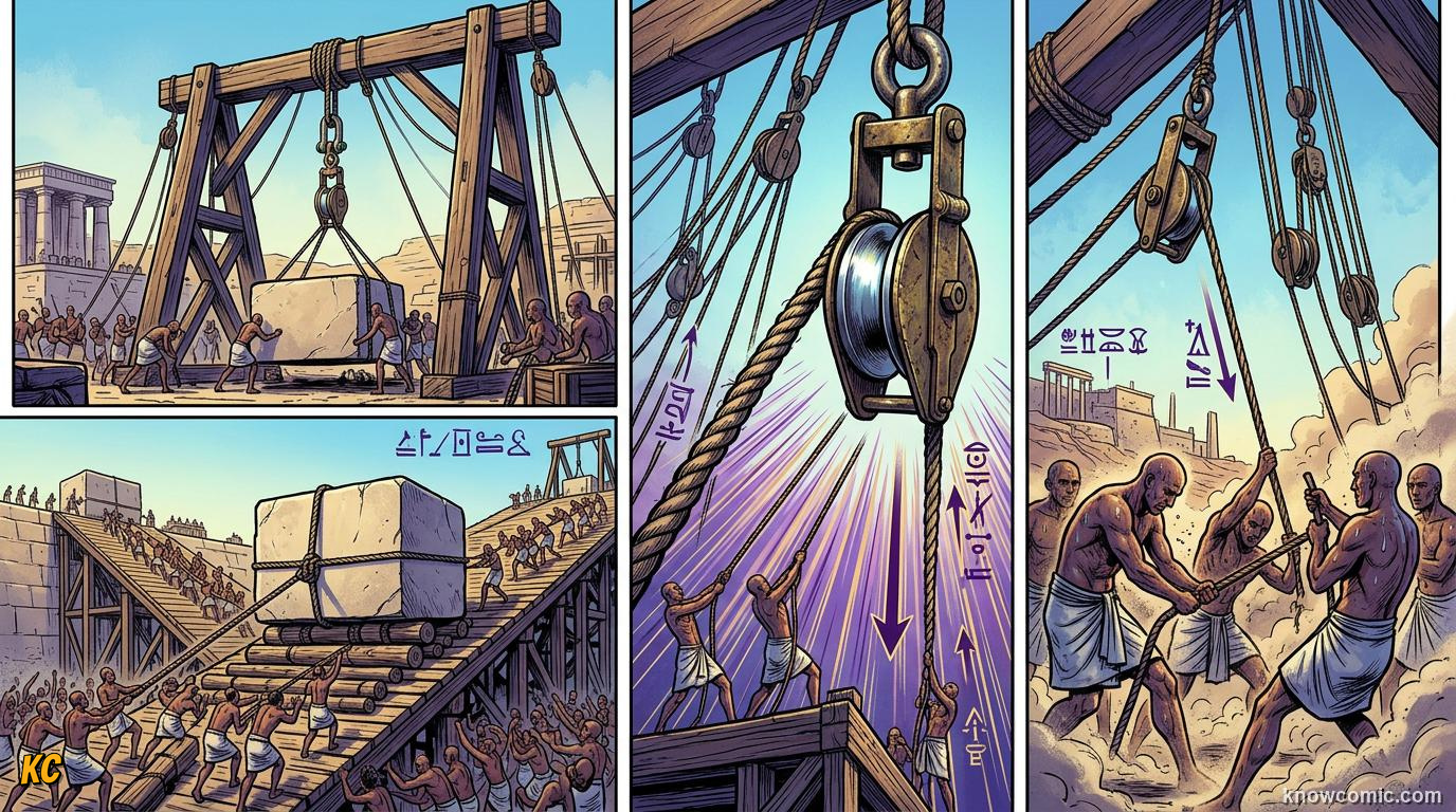 Comic illustration of friction reducing efficiency in a pulley system