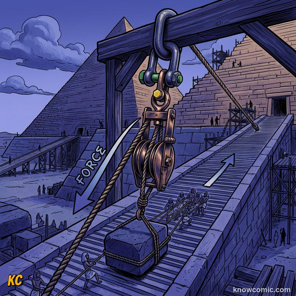 Comic illustration of ideal mechanical advantage with no friction