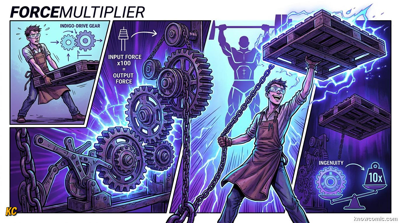 Comic illustration of cranes bicycles and tools using mechanical advantage
