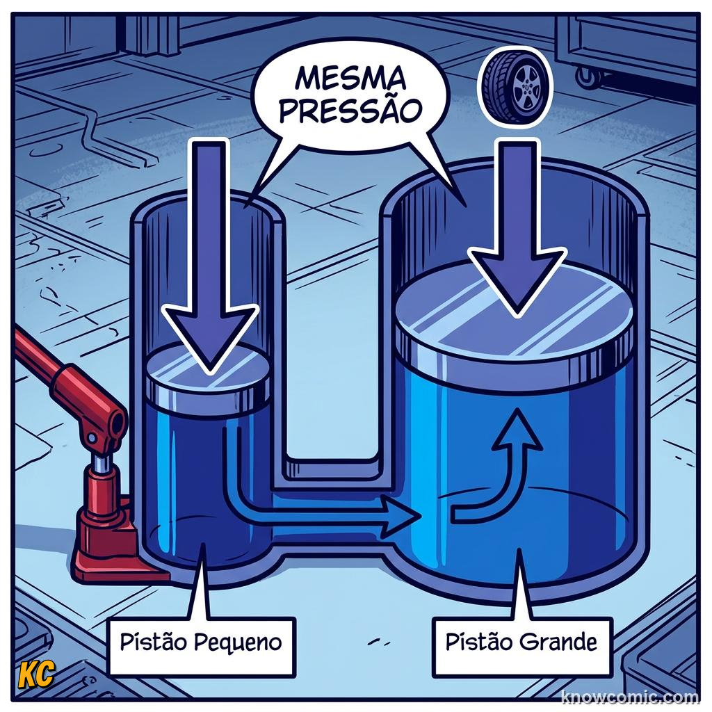 Comic illustration of equal pressure arrows throughout an enclosed fluid system