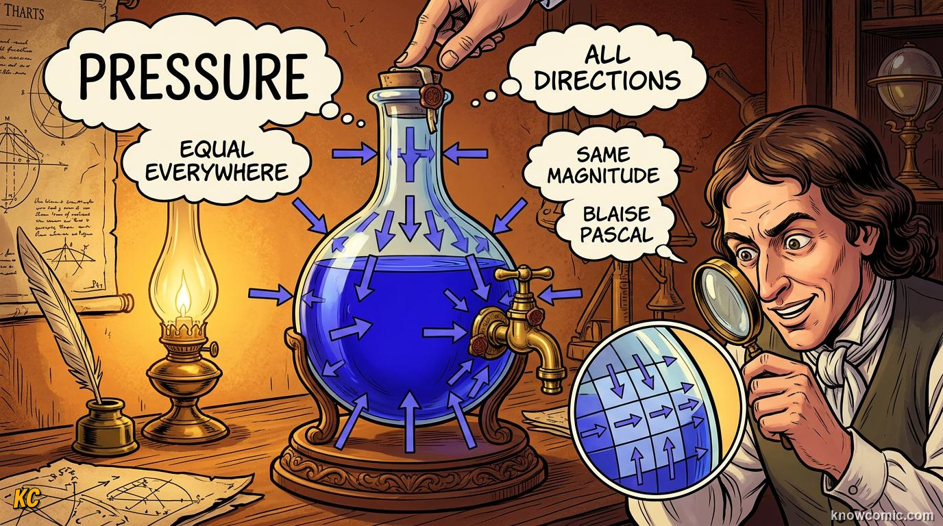 Comic illustration of connected hydraulic pistons showing force multiplication from small to large piston