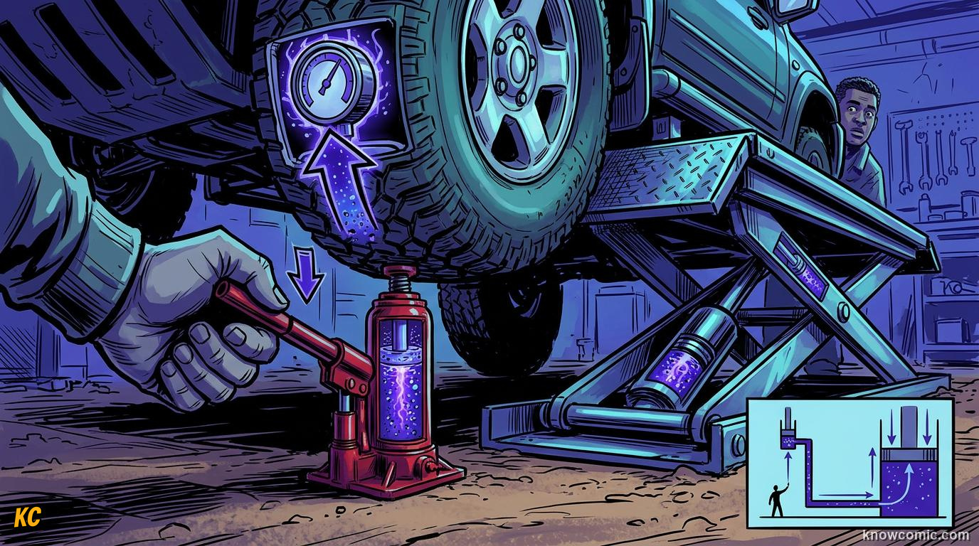 Comic illustration of hydraulic car brakes and a garage lift using pressurized fluid