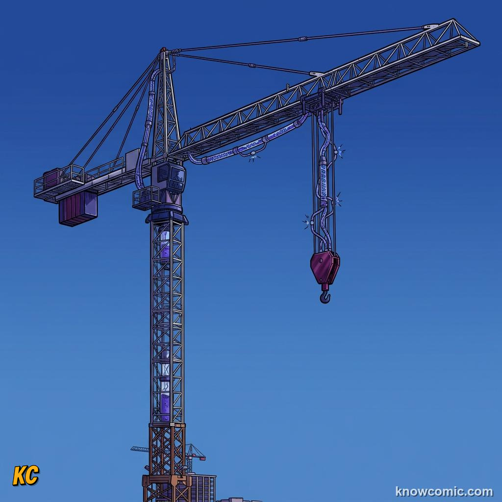 Comic illustration of a hydraulic car lift raising a vehicle in a garage