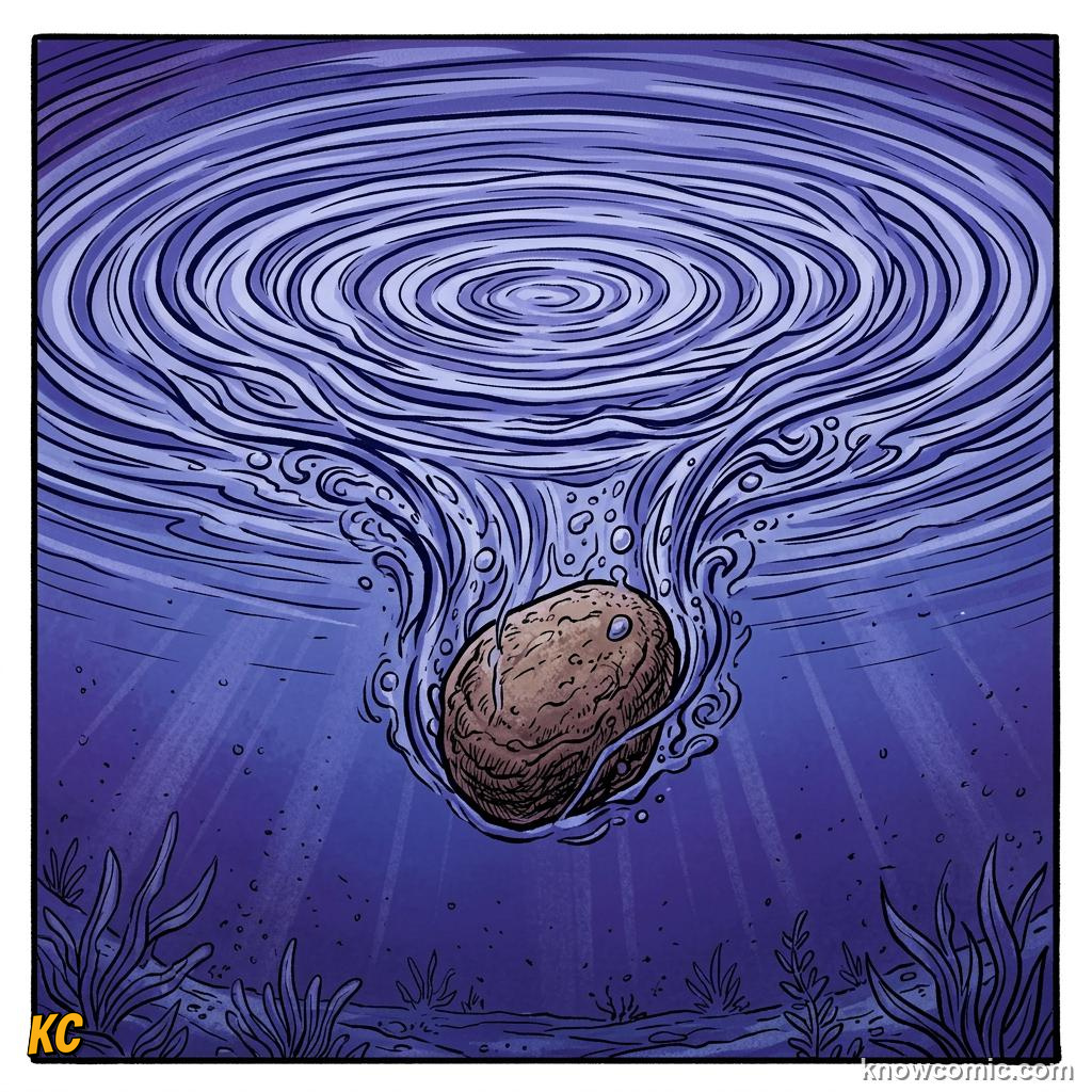 Comic illustration of a dense pebble sinking quickly through clear water