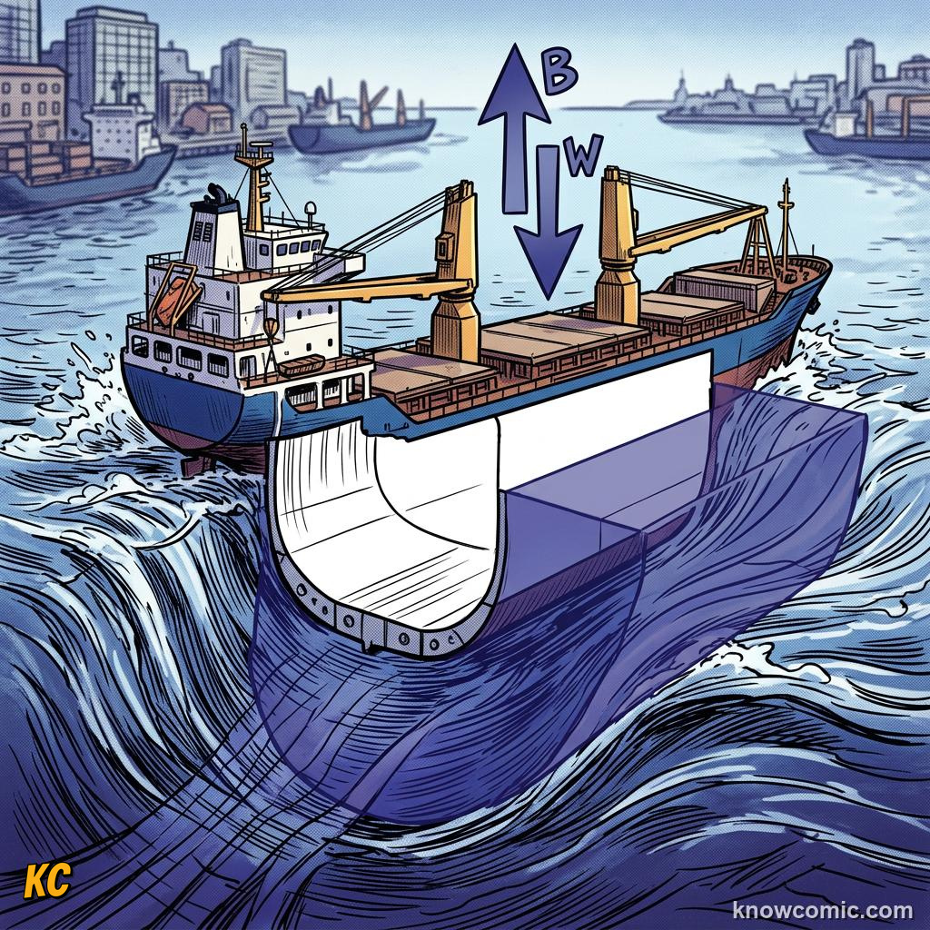 Comic illustration of a hollow steel ship hull displacing a large volume of ocean water