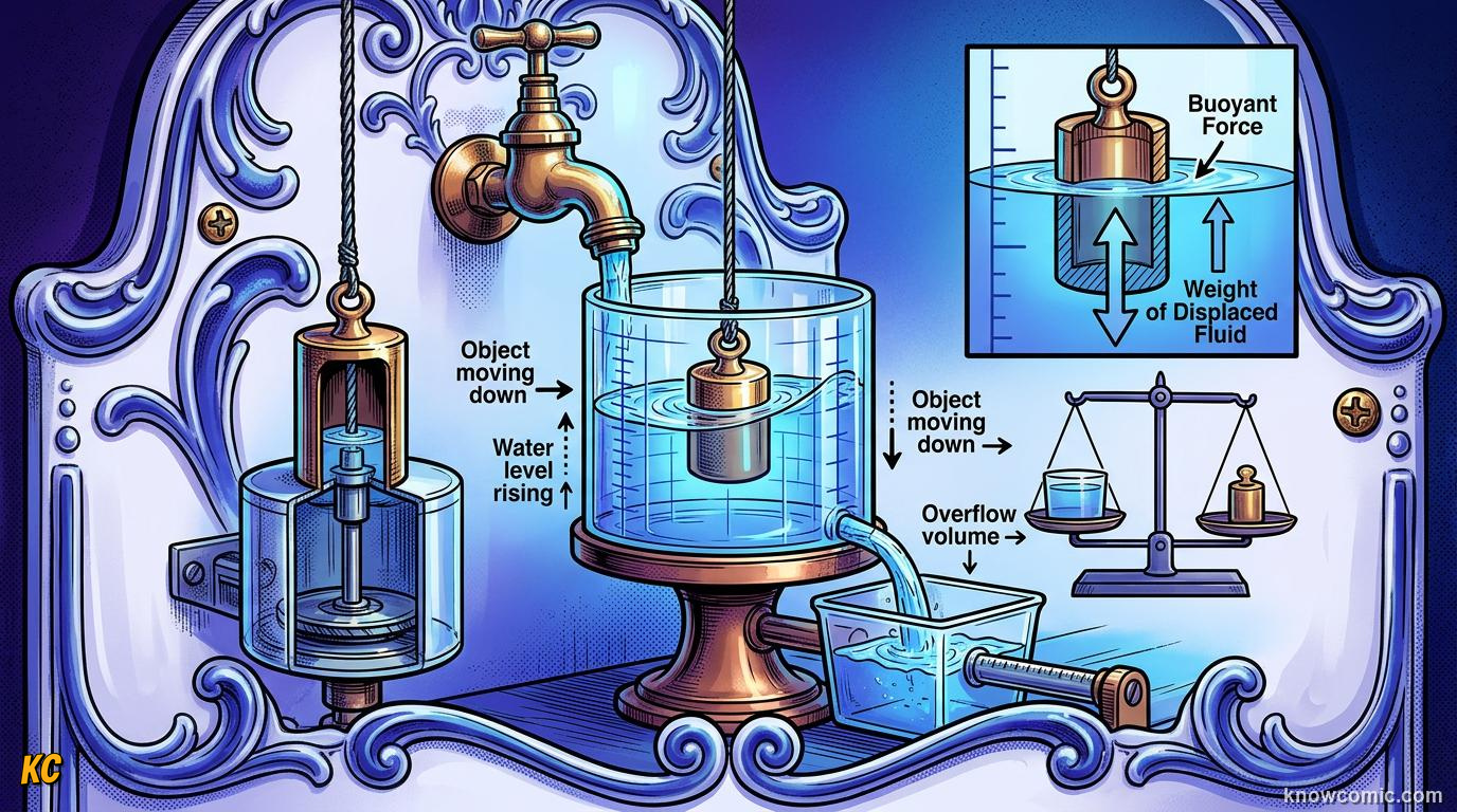 Comic illustration demonstrating Archimedes principle with submerged object and displaced water volume