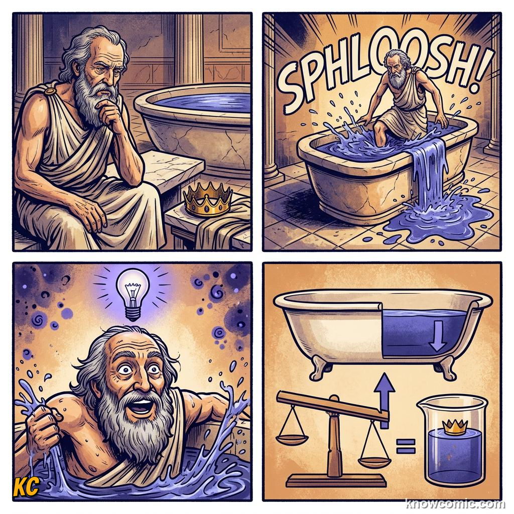 Comic illustration of water spilling from a container as a block is lowered in