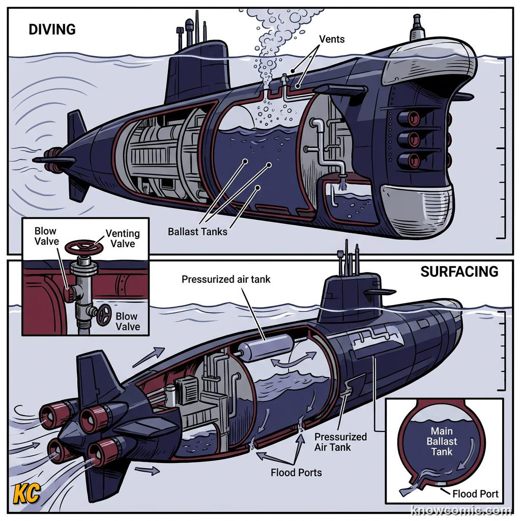 Comic illustration of upward buoyant force arrows balancing downward weight on a floating block
