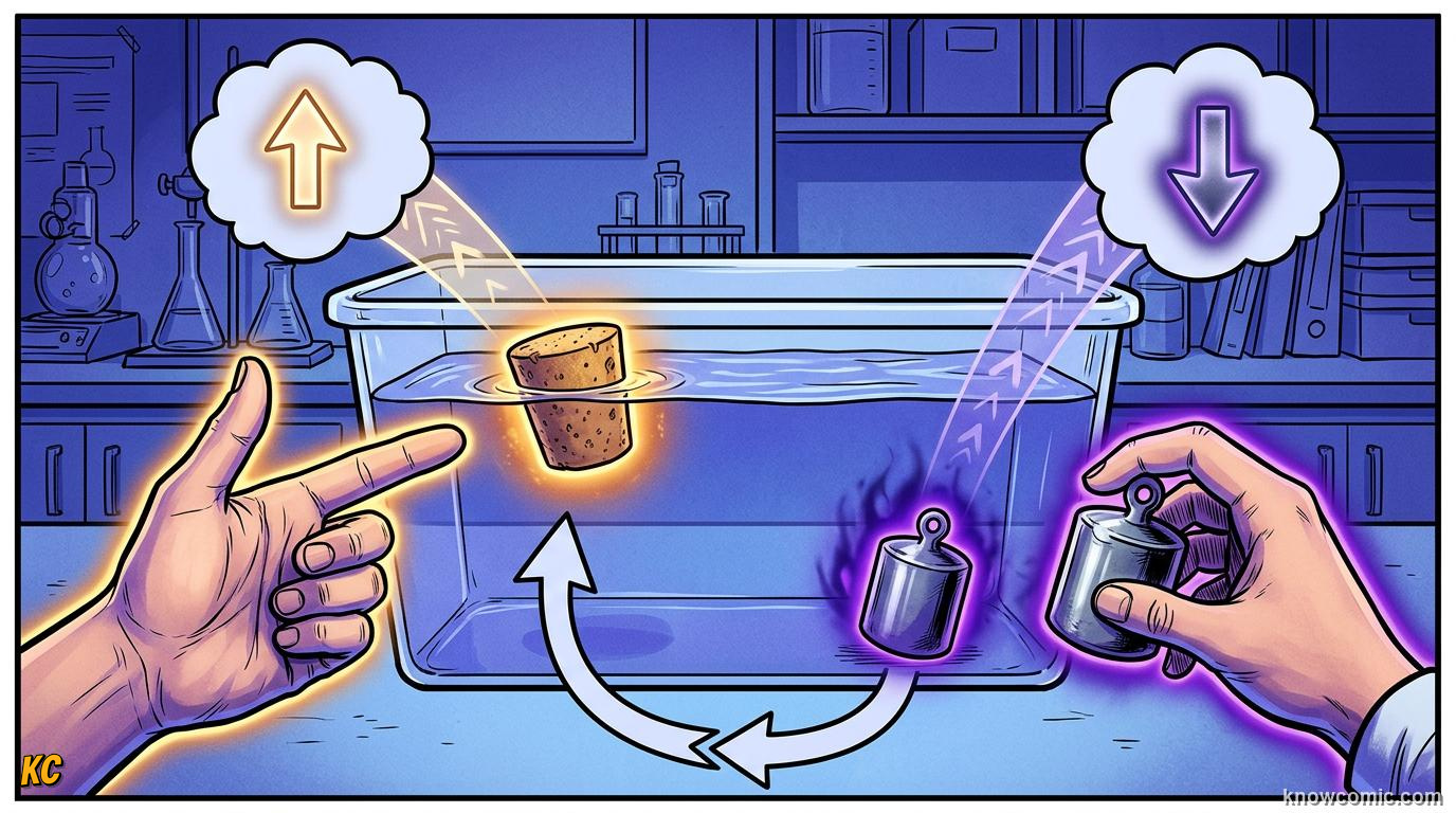 Comic illustration comparing density of steel block versus hollow ship hull in ocean water