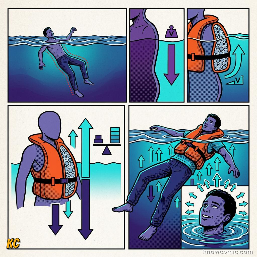 Comic illustration of a solid metal block sinking below the water surface