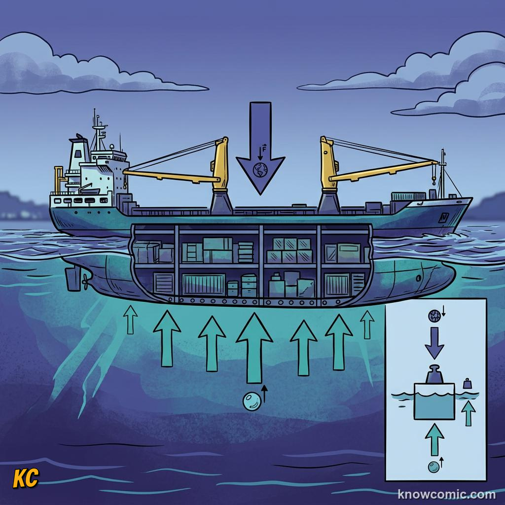 Comic illustration of life jacket submarine ballast tanks and iceberg floating