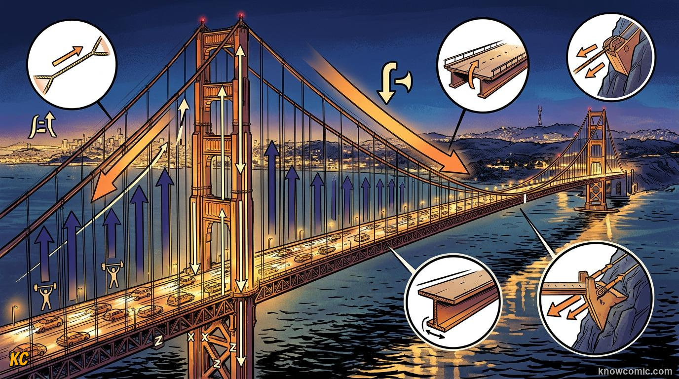 Comic illustration of tension and compression forces acting on bridge cables and stone pillars