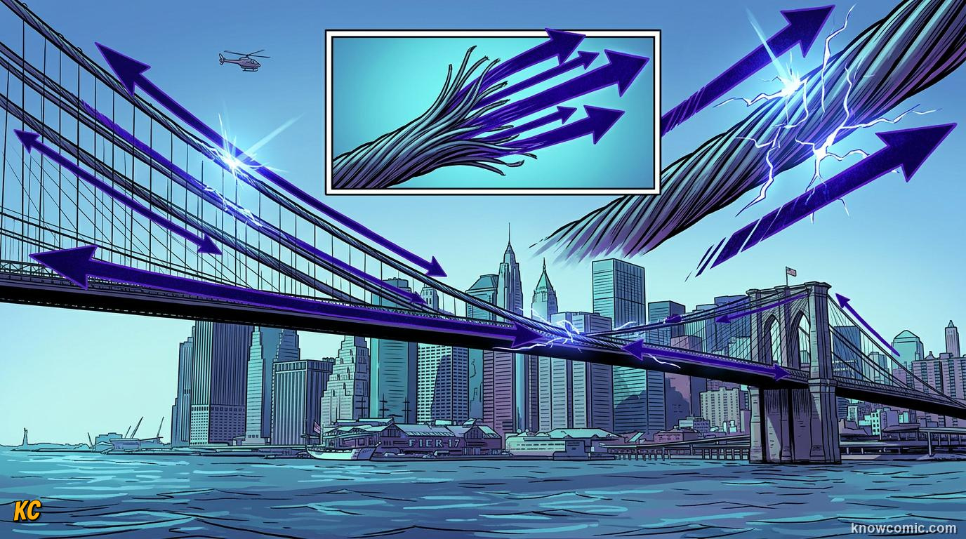Comic illustration of suspension bridge showing tension in cables and compression in towers