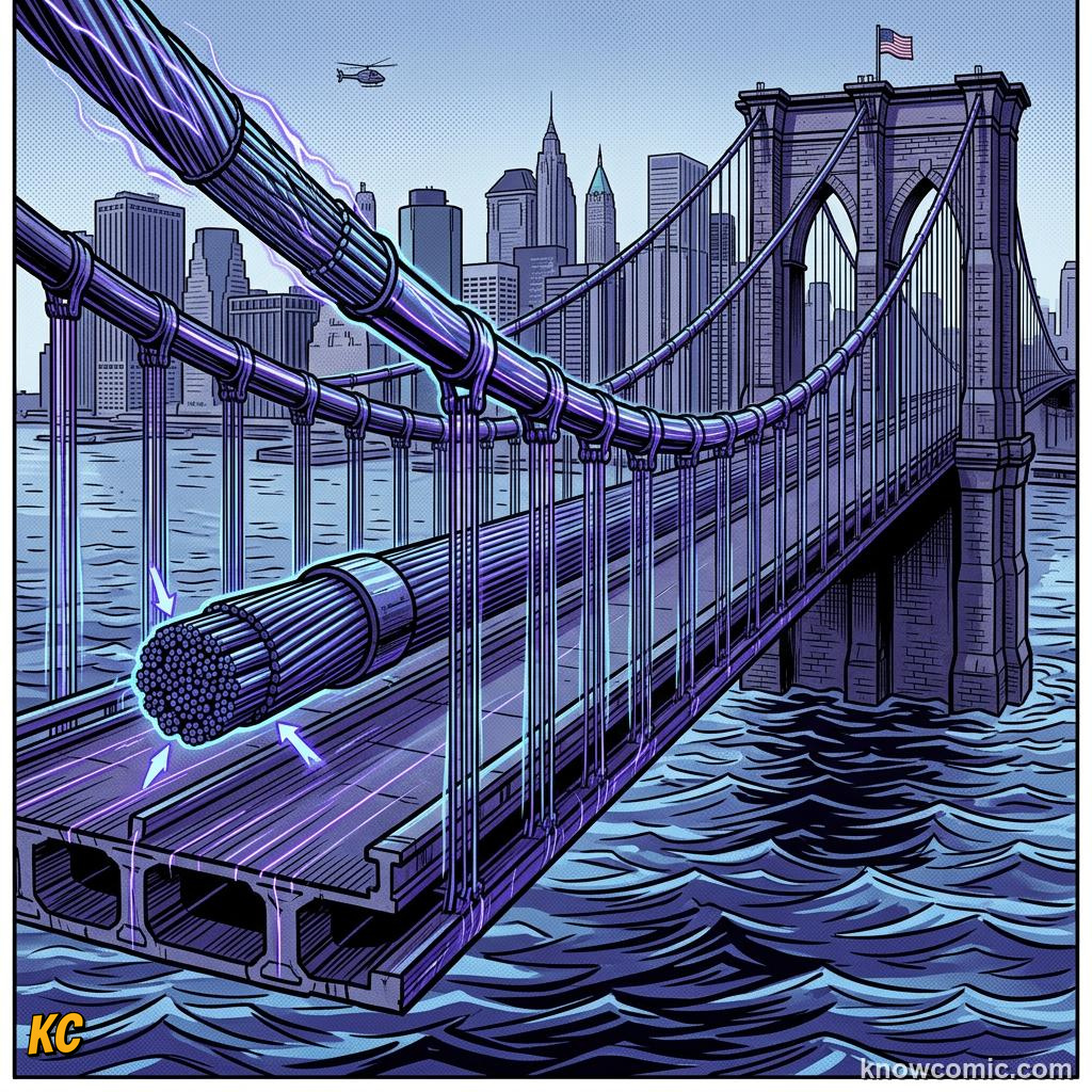 Comic illustration of curved main suspension cables draped between tall bridge towers
