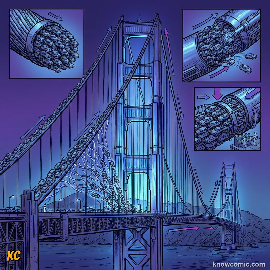 Comic illustration of bridge tower in compression with downward force arrows
