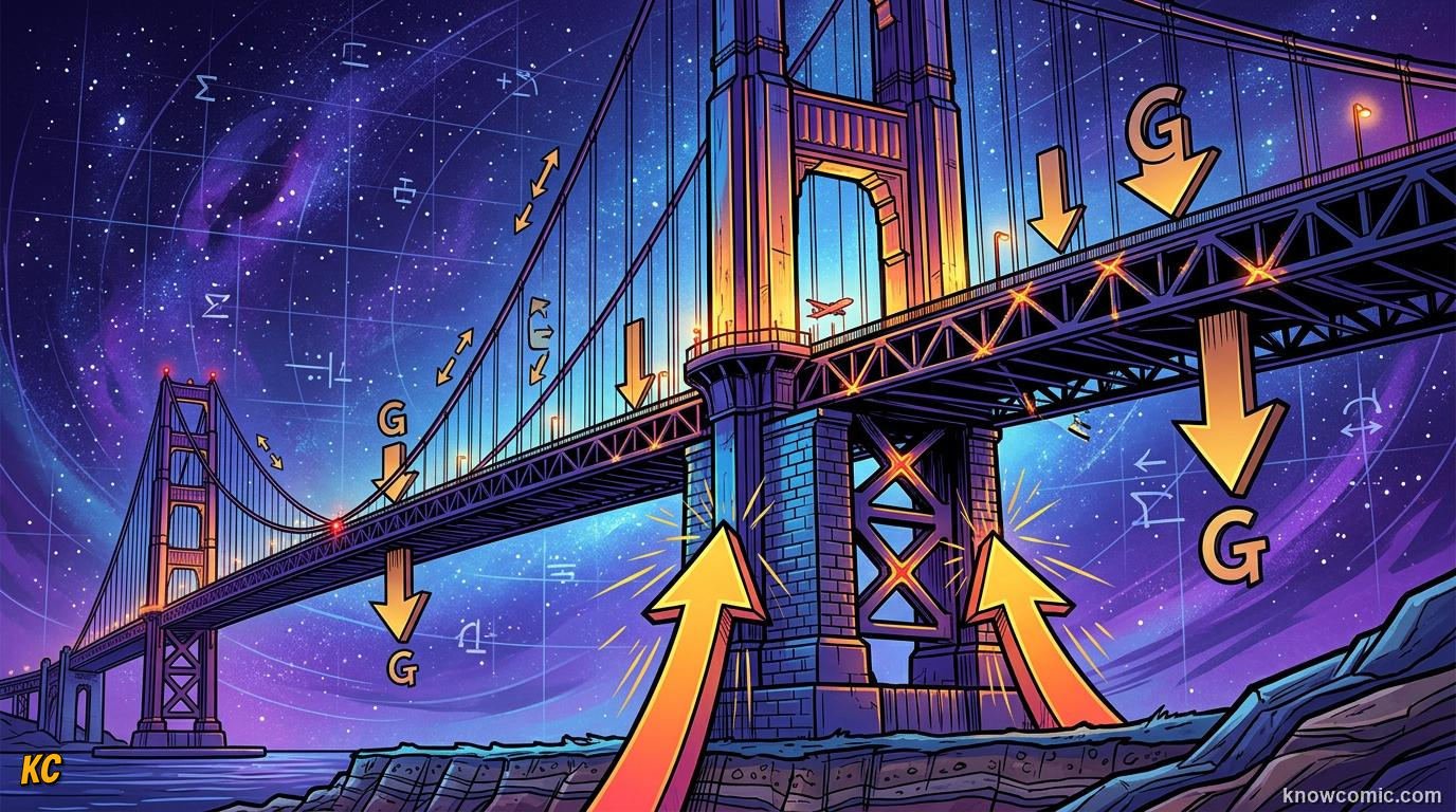 Comic illustration of Golden Gate style suspension bridge with orange towers and cables over water
