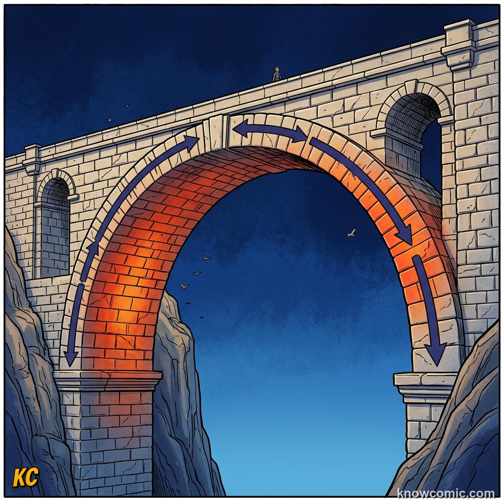 Comic illustration highlighting the long main span of a suspension bridge between two towers