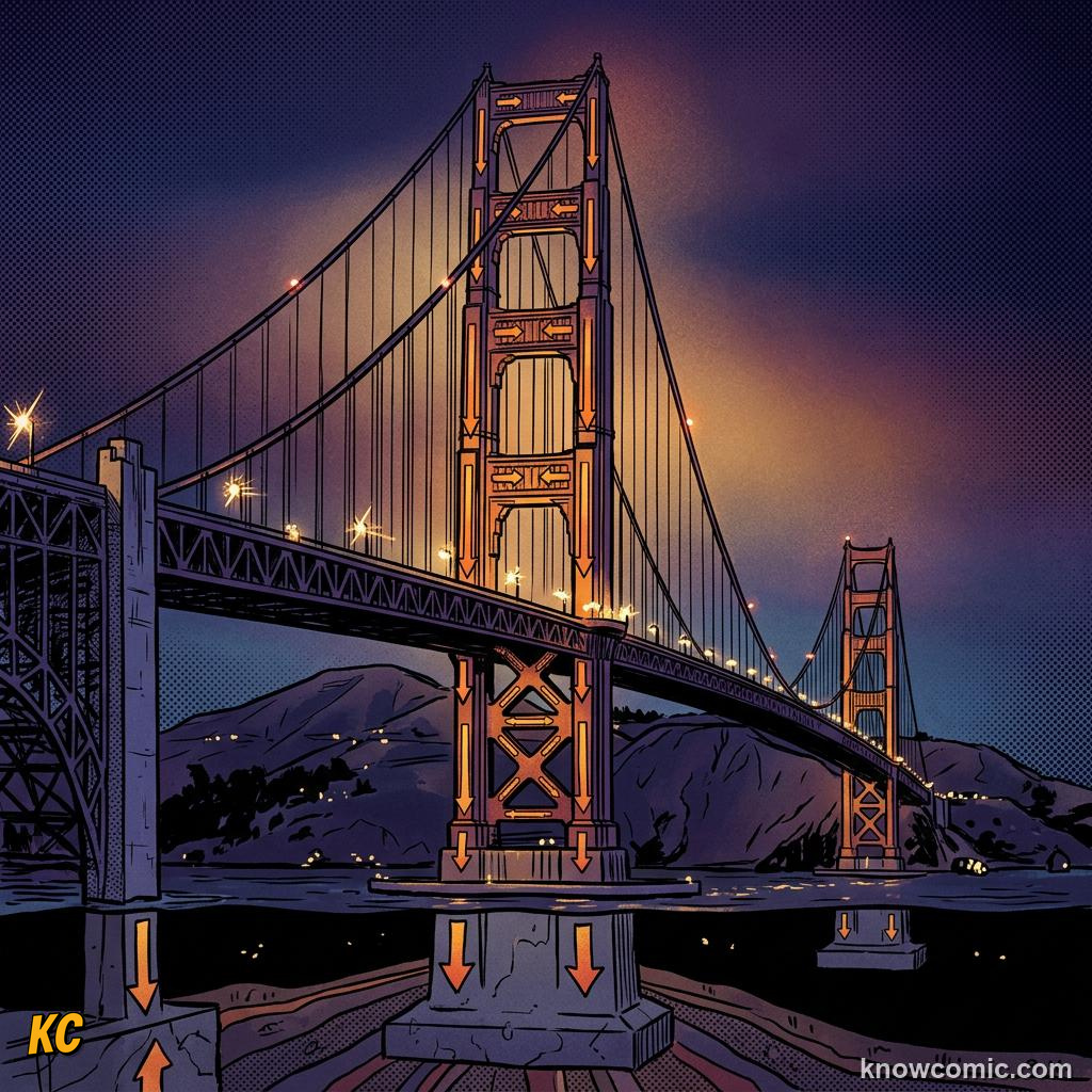 Comic illustration of tall bridge towers with compression force arrows pointing downward