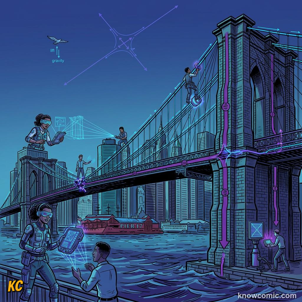 Comic illustration of bridge cable anchorages securing tension into bedrock