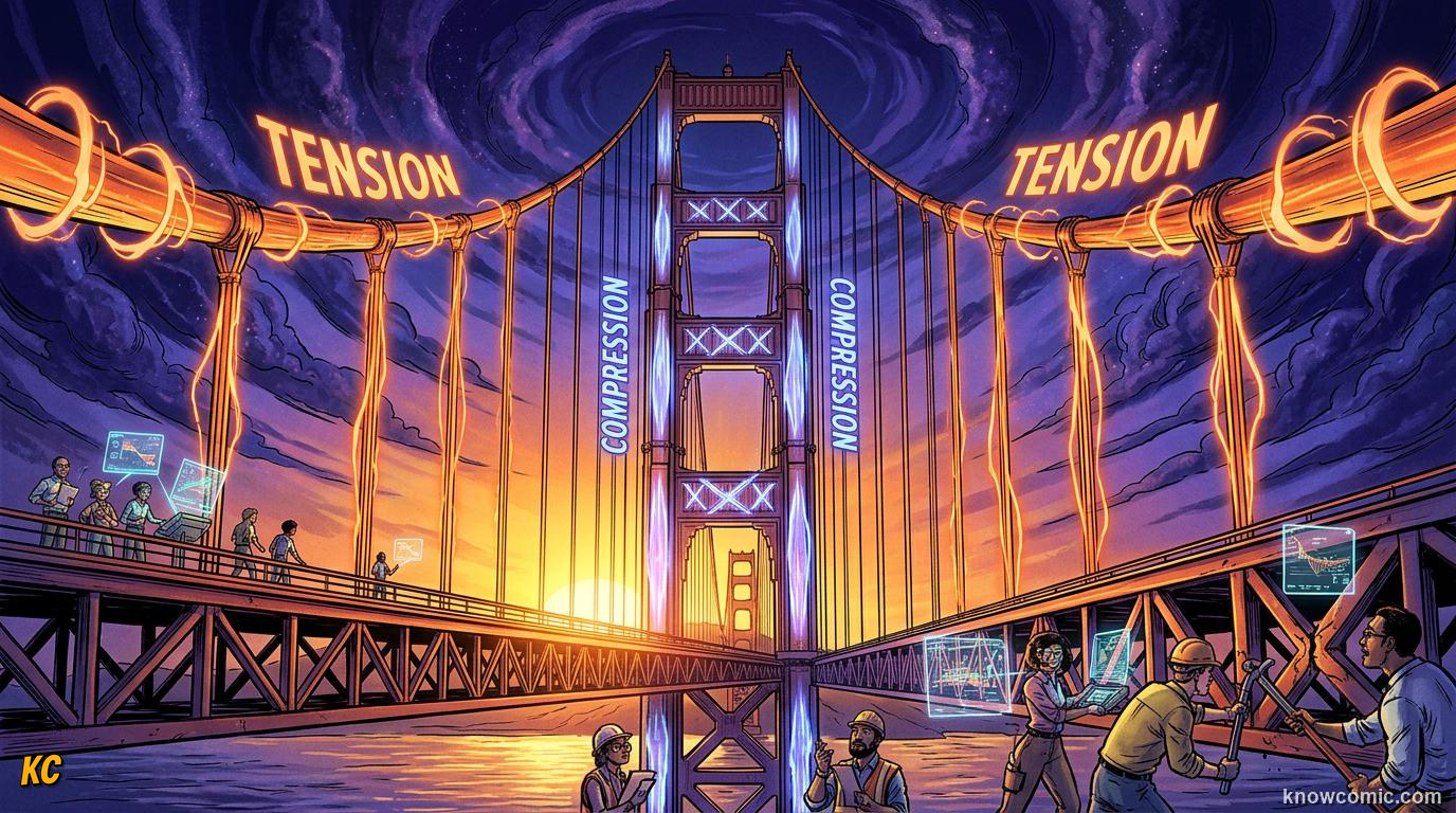 Comic illustration of cranes stadium roofs and cable-stayed bridges showing tension and compression
