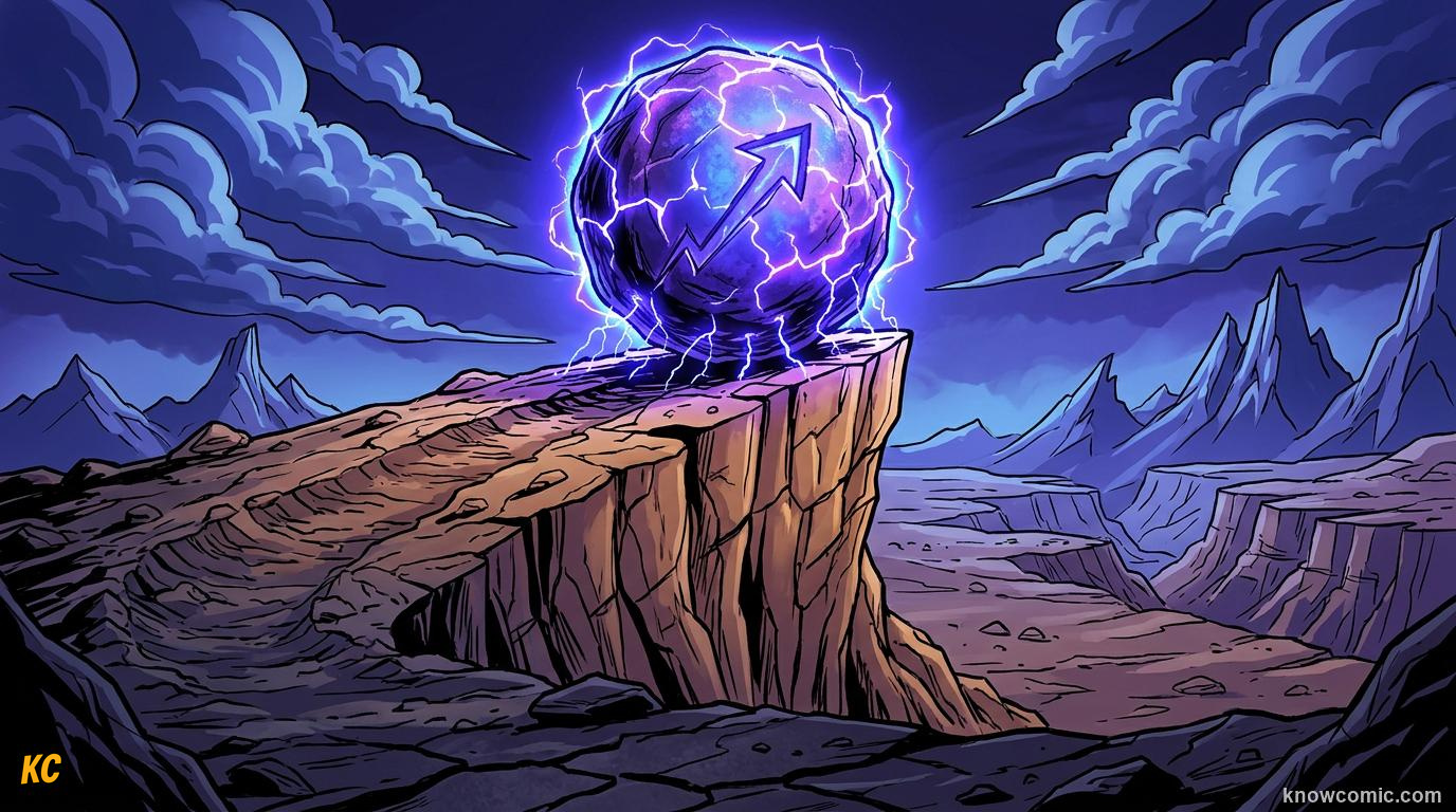Comic illustration of energy transforming between forms in a rolling boulder scene