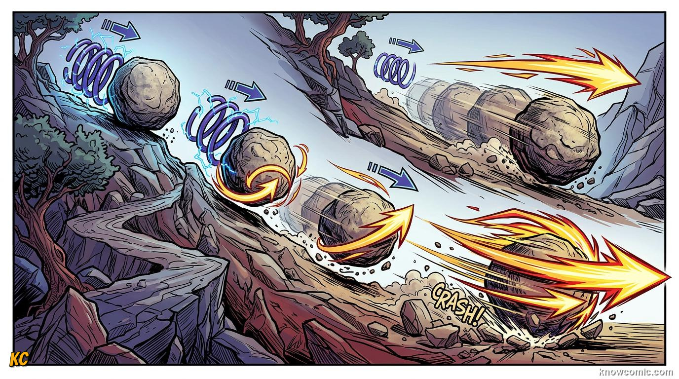 Comic illustration showing potential energy converting to kinetic energy as an object falls