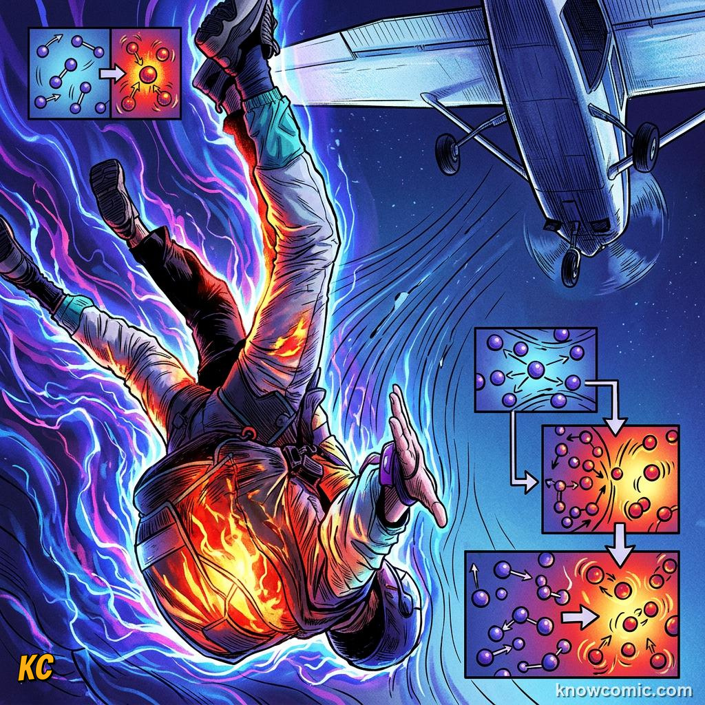 Comic illustration of object midway down a slope trading potential for kinetic energy