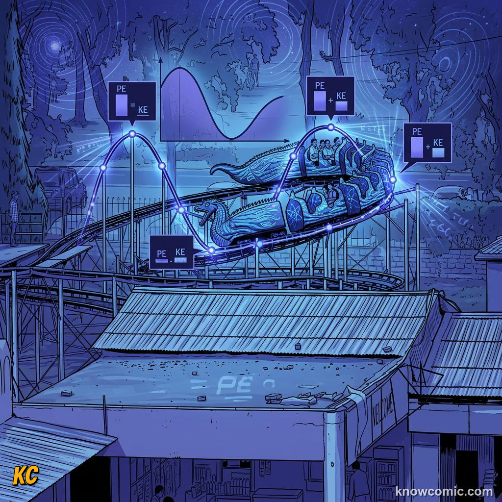 Comic illustration of object at bottom of hill with maximum kinetic energy