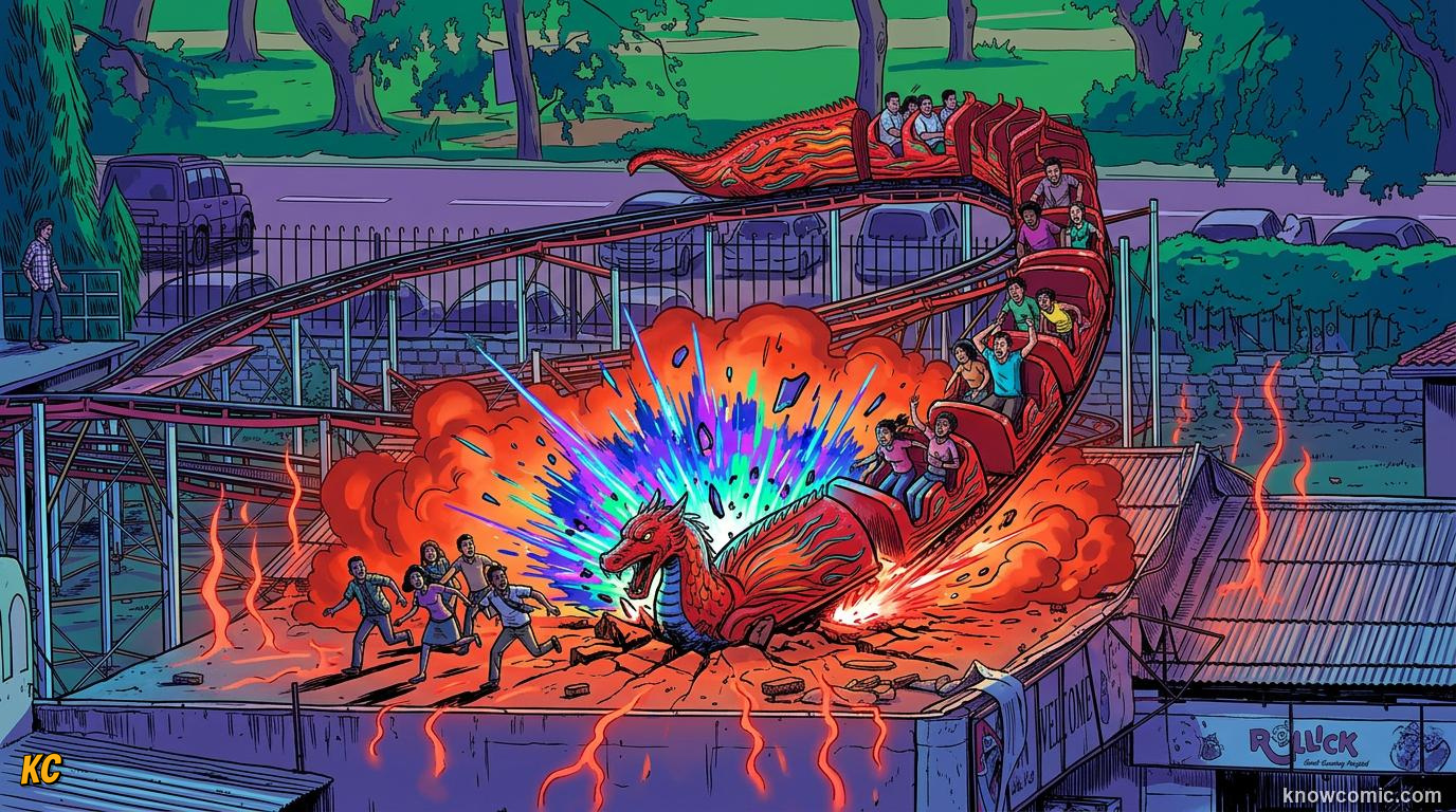 Comic illustration of kinetic energy converting to heat after a boulder impact