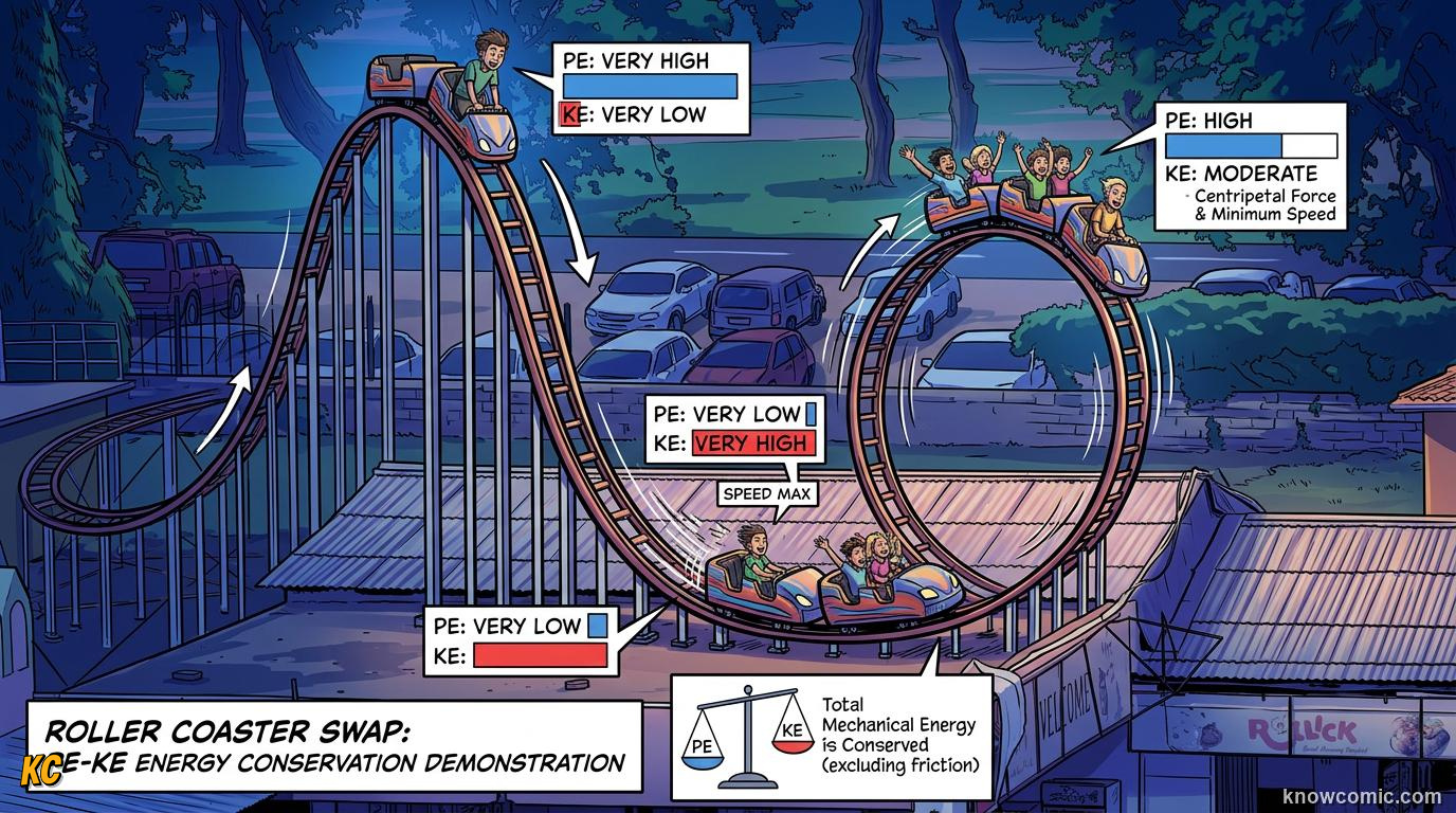 Comic illustration of multiple energy forms including electrical chemical and nuclear
