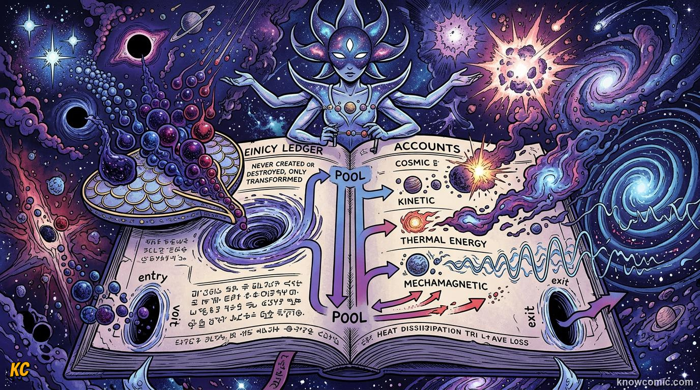 Comic illustration of energy conservation in a closed system with no energy lost