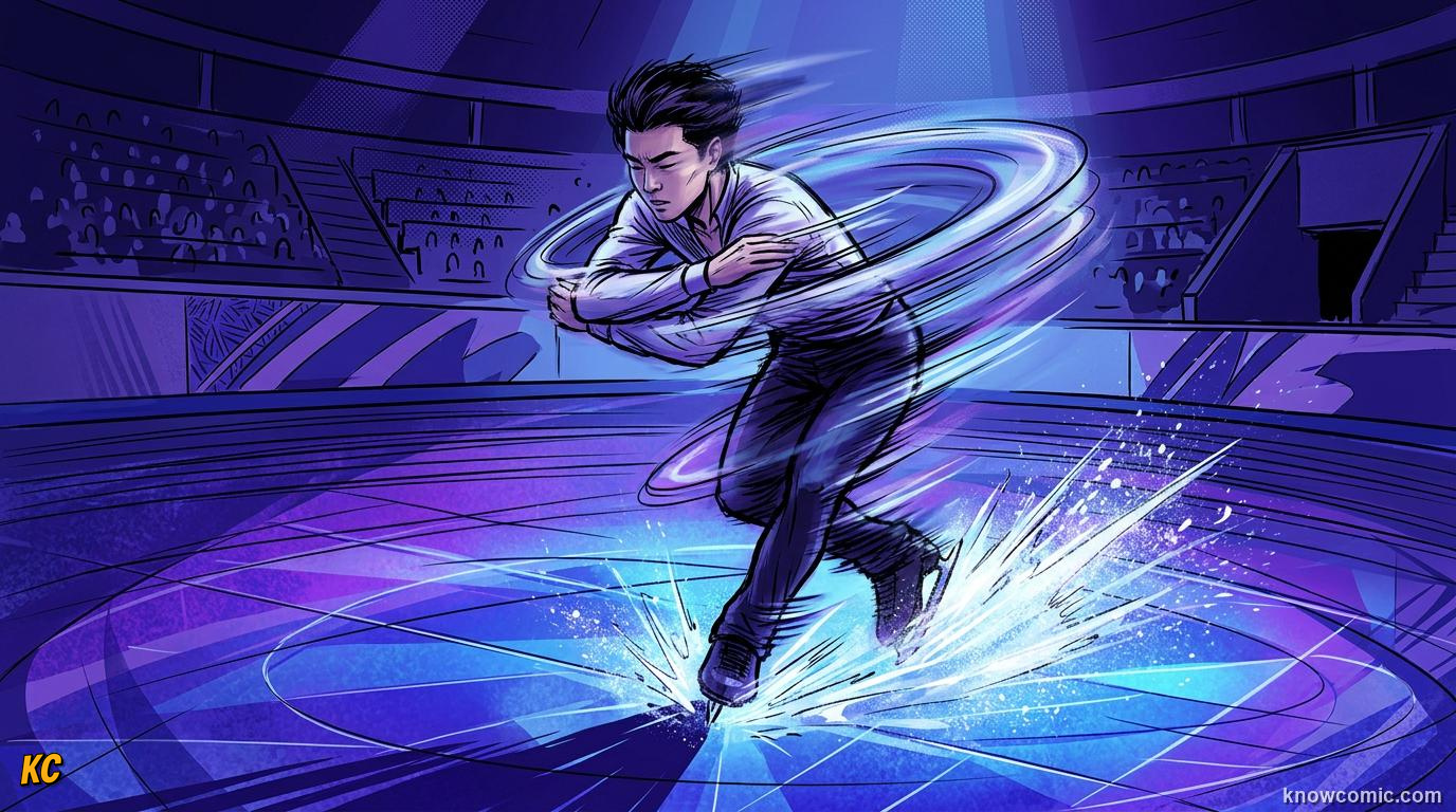 Comic illustration of a spinning object showing angular momentum with rotation arrows