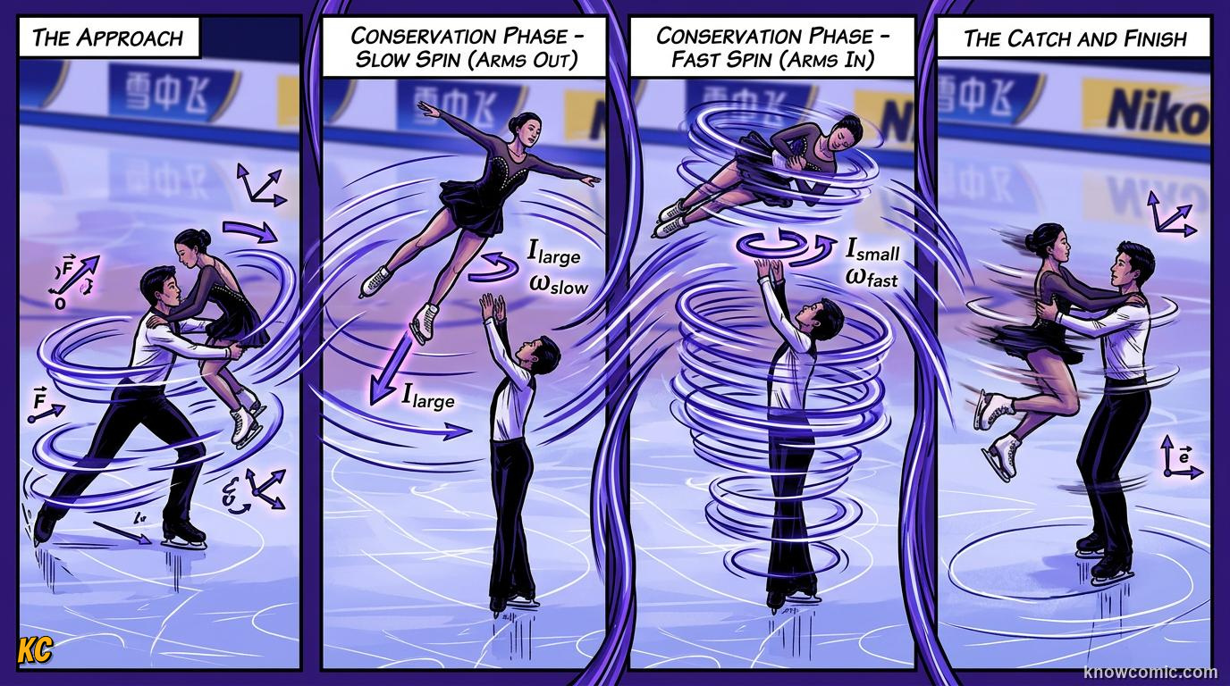 Comic illustration of angular momentum conserved when no external torque acts on a spinning system