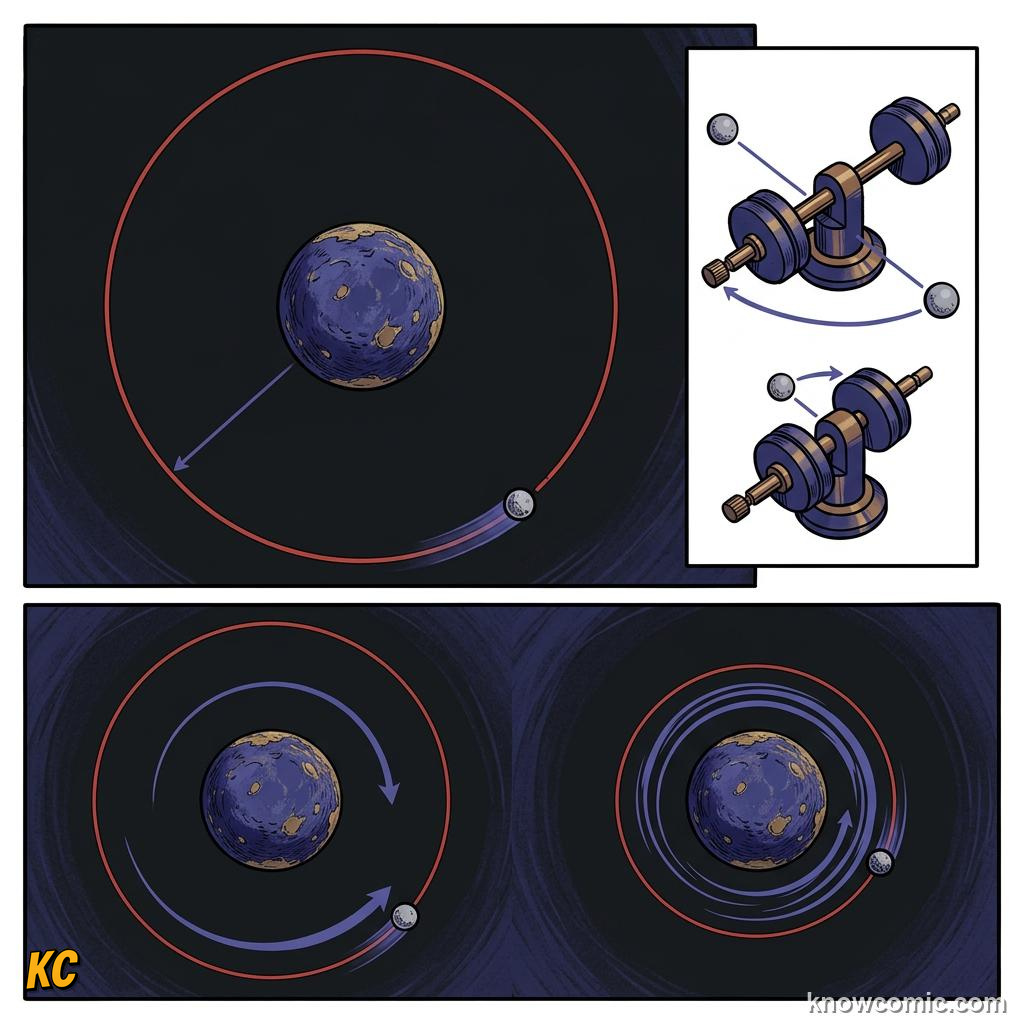 Comic illustration of a closed spinning system with constant total angular momentum