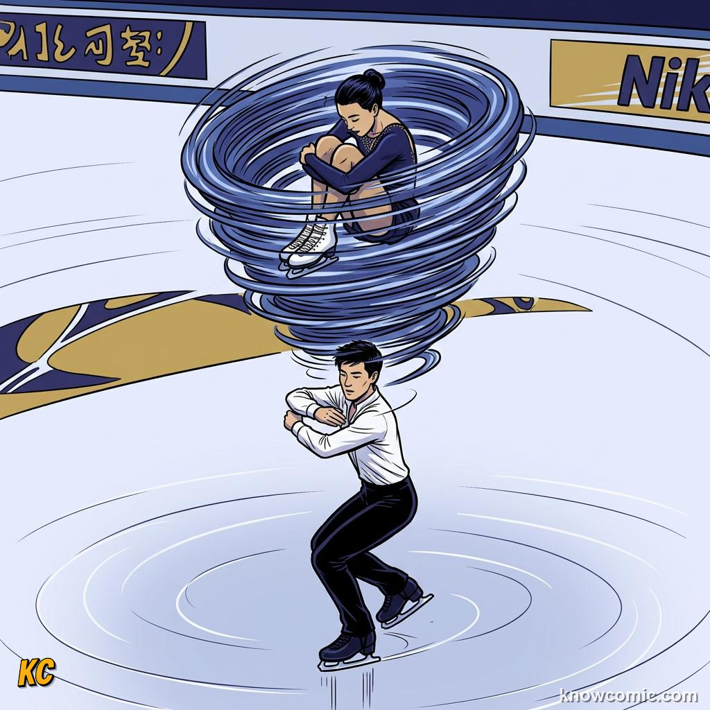 Comic illustration showing I and omega trading values while angular momentum stays constant