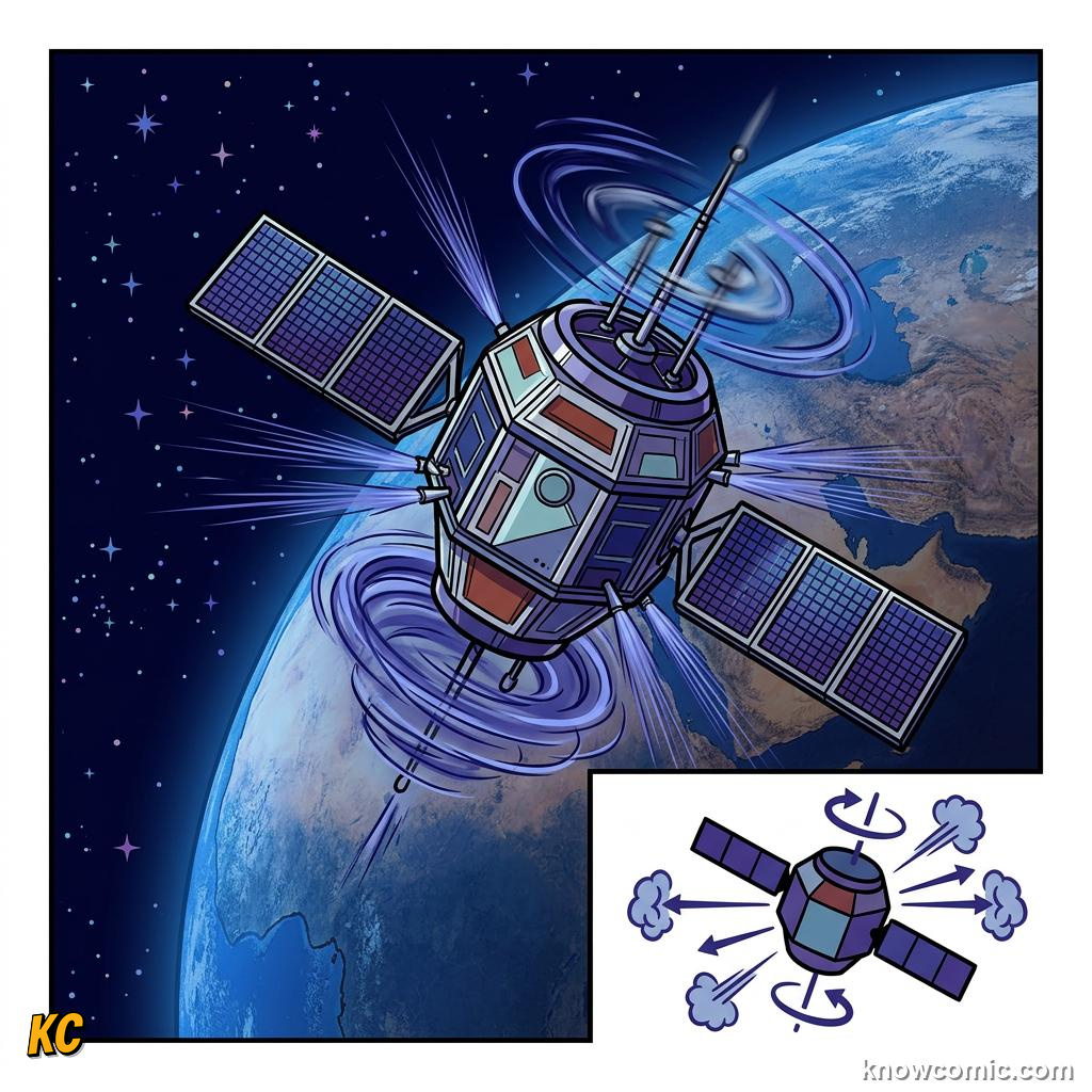 Comic illustration of a gyroscope spin axis staying fixed in space