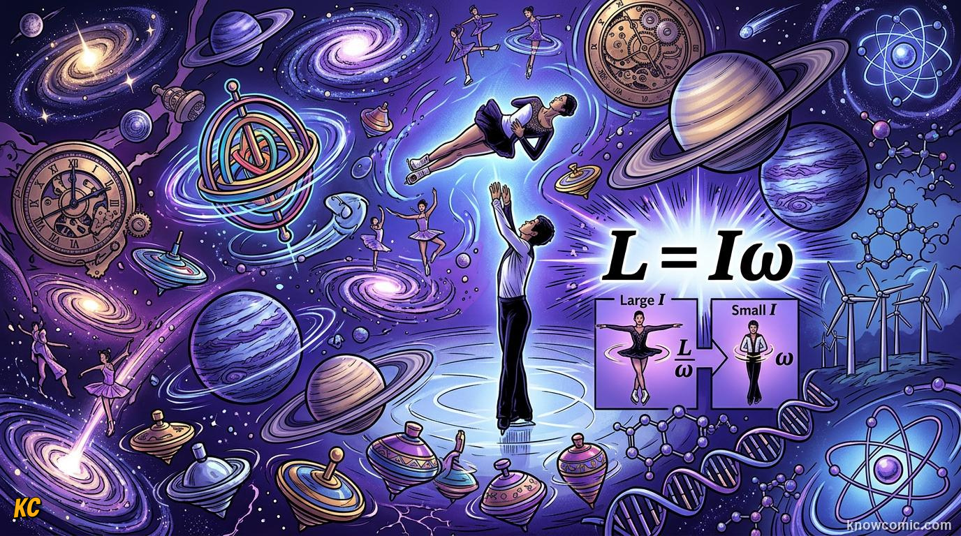 Comic illustration of angular momentum in everyday life from skaters to planets to pulsars