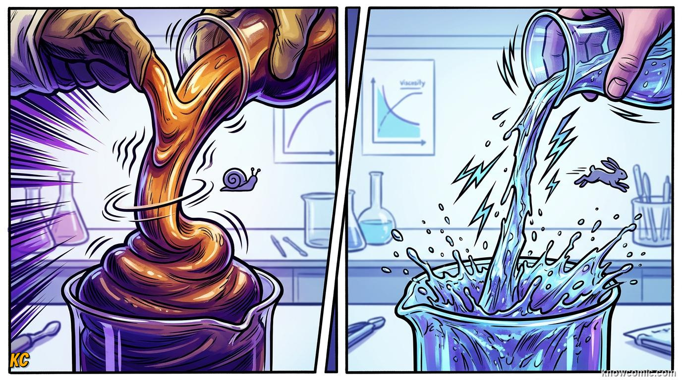 Comic illustration comparing honey pouring slowly next to water pouring quickly from jars