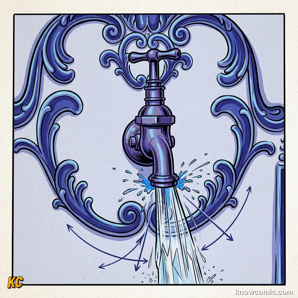 Comic illustration of water pouring quickly and freely from a glass