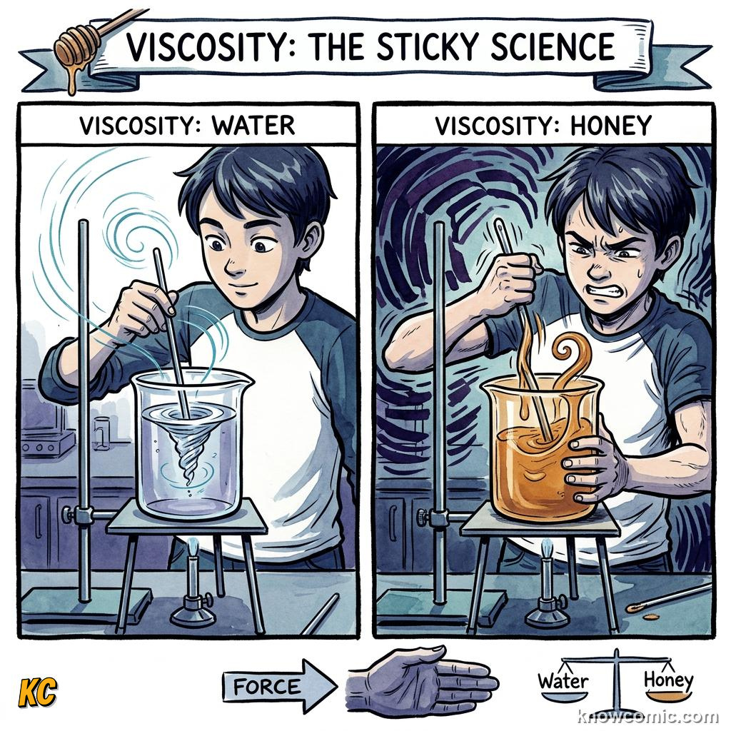 Comic illustration of ketchup chocolate sauce and paint as viscous everyday fluids