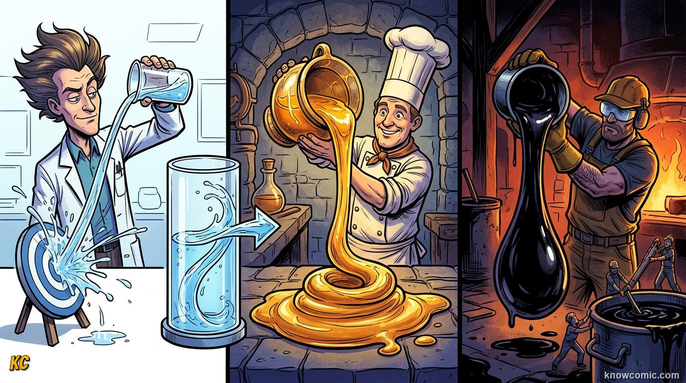 Comic illustration summarizing viscosity from honey and water to lava and engine oil