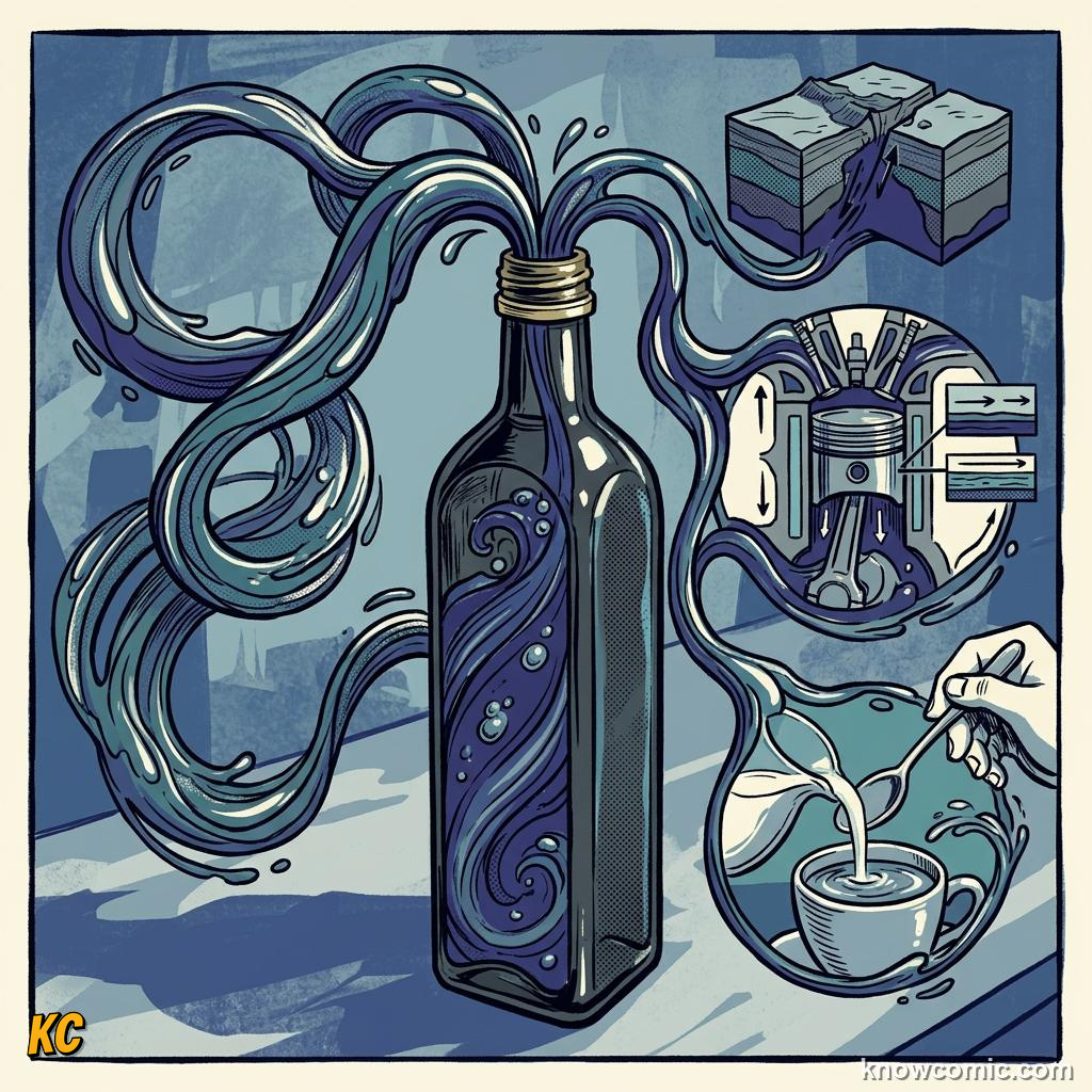 Comic illustration side by side comparison of fluids with different viscosity levels