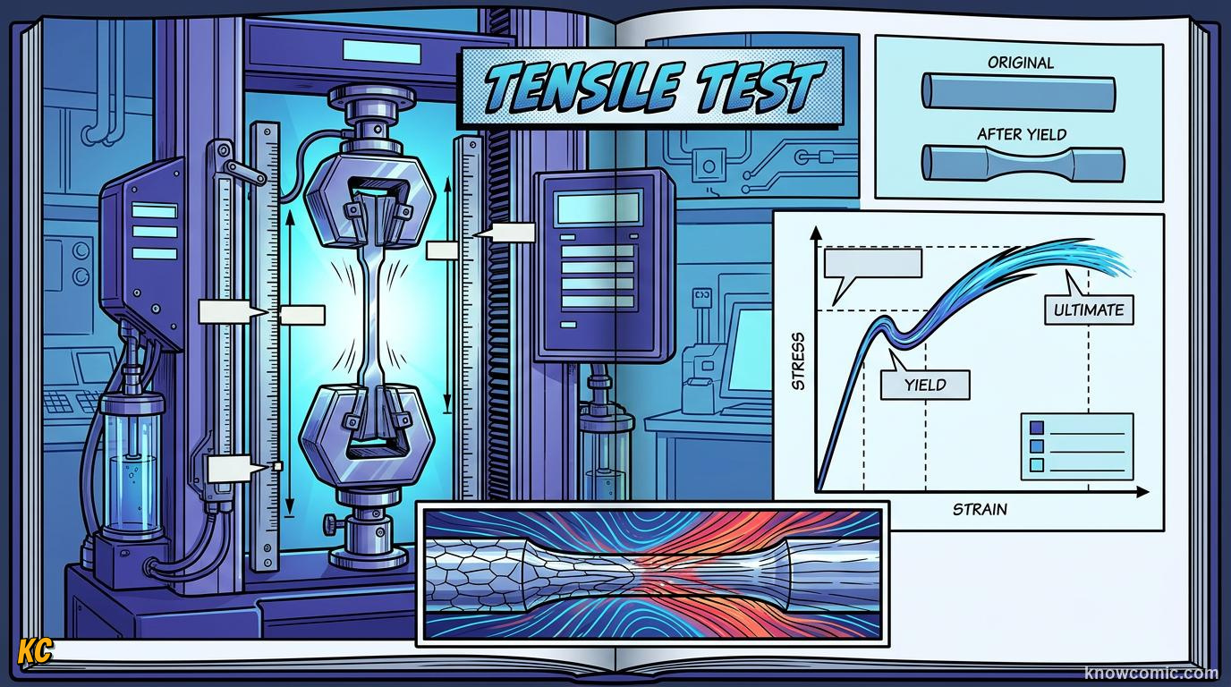 Comic panel about stress and strain: The Stretch Ruler, educational kids illustration